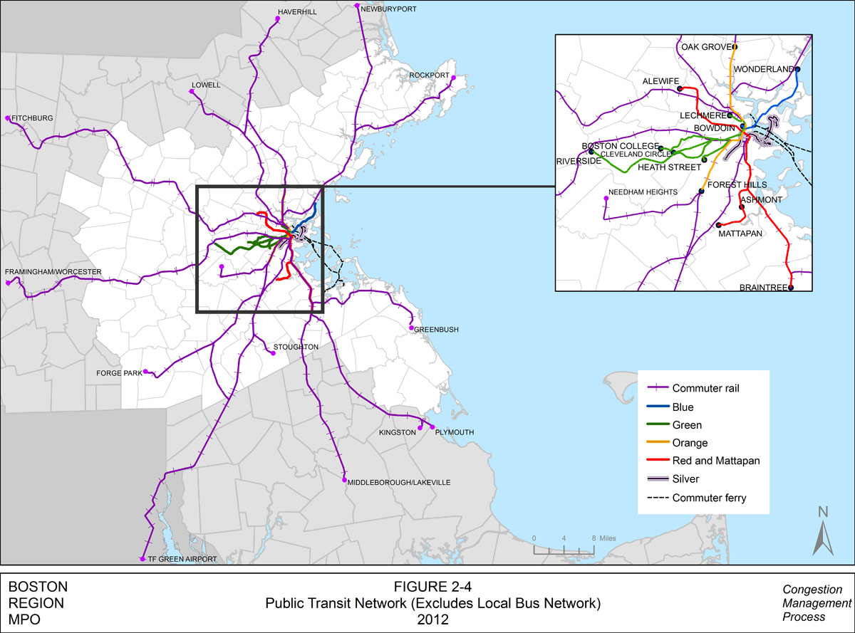 This map displays the MBTA public transit network. This map includes a layout of the commuter rail, rapid transit and commuter ferry system. The bus network was not included in this map. There is also an inset map that shows a close-up view of the rapid transit system and some parts of the commuter rail system.